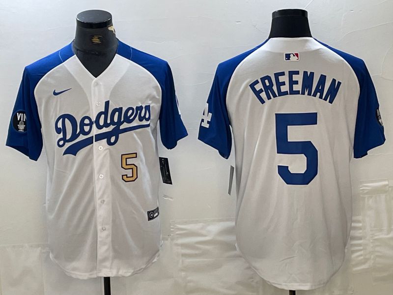Men Los Angeles Dodgers 5 Freeman White blue Fashion Nike Game MLB Jersey style 4